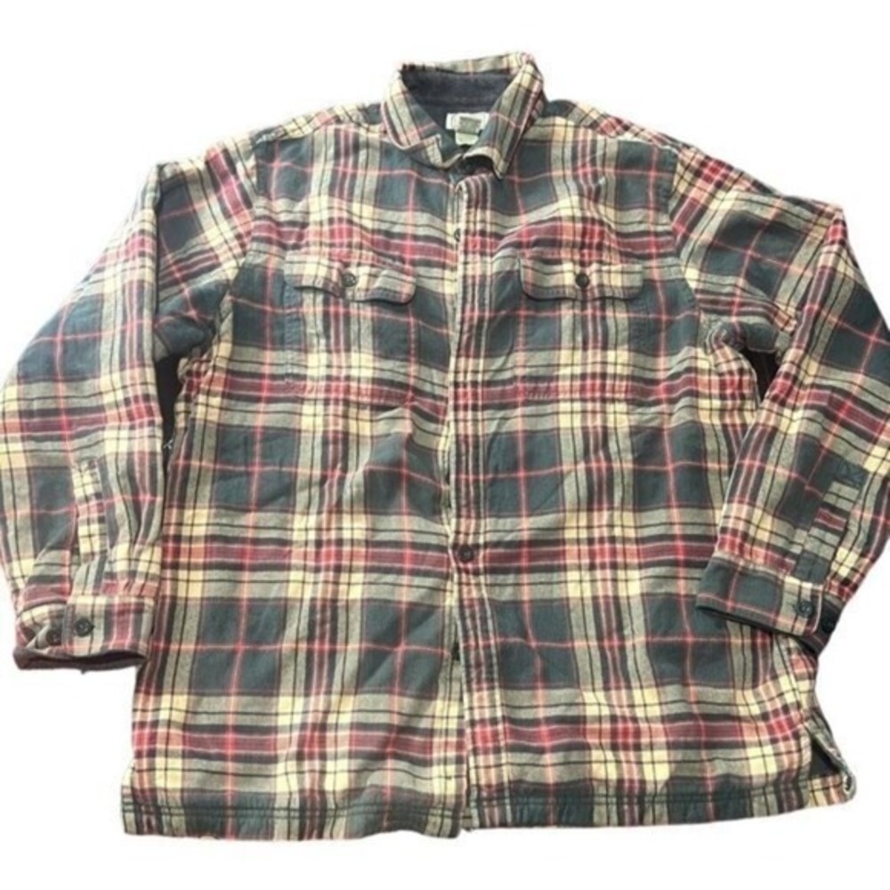 LL Bean Mens Fleece Lined Flannel‎ Shirt Jacket Plaid Green Red 250393 L-REG |A1